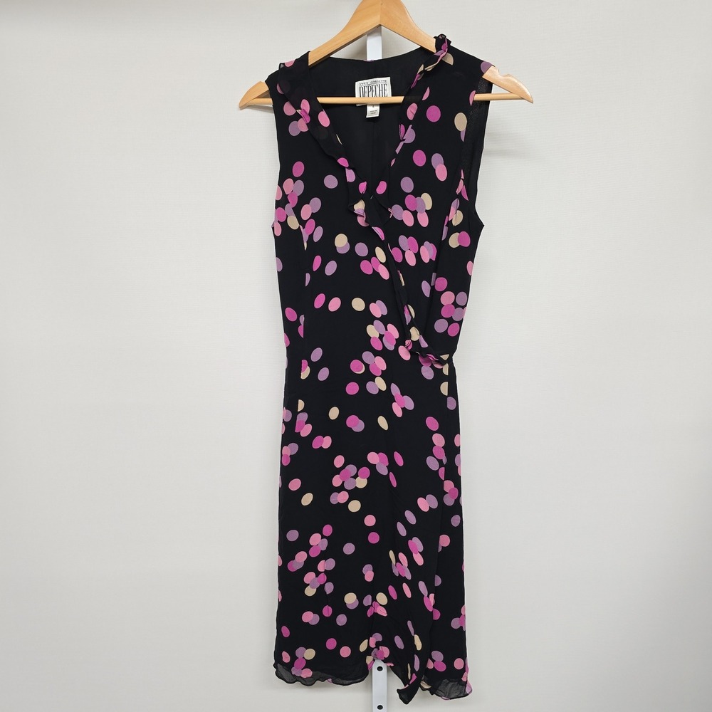 Vintage DEPECHE MODE Yves Cossette Black Pink Polka Dot Silk Wrap Dress Size 6‎